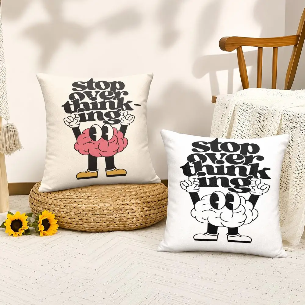 Brain Retro Cartoon Quotes Cushion Cover Silky Short Plush Invisible Zipper Dustproof Sofa Pillow Case For Home Decor