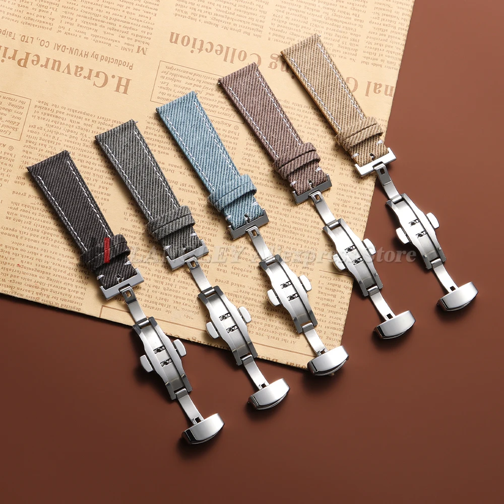 Denim Sailcloth Watchband Leather Watch Strap 18mm 20mm 22mm for Seiko for Rolex Band Butterfly Buckle for Men Women Sport Belts image 2