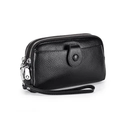 2025 New Arrivals Genuine Leather Women Clutch Bags with Wristlet Cowhide Ladeis Mobile Phone Bags Double Zippers Compartments