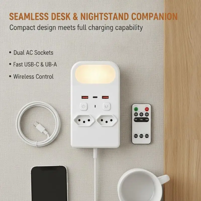 Brazilian Standard Type N Wall Outlet Adapter With Night Light, Remote Control, 2 AC Sockets, 2 USB-A & 1 USB-C Charging Ports