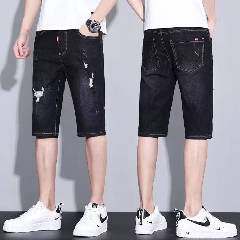 Men Summer Lightweight Denim Shorts Male Loose Straight Leg Knee Length Jeans Comfortable Stretch Narrow Leg Casual Short Pants