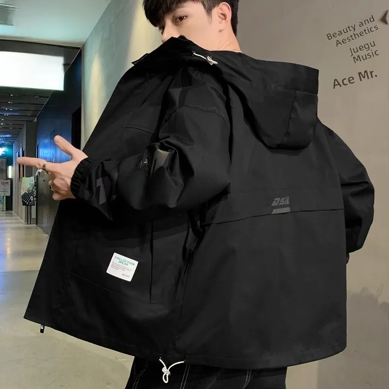 

Men's Casual Loose Fit Jaet Bla Trendy Spring New Sle Polyester Fabric Anti-Wrinkle Treaent Hooded Zipper