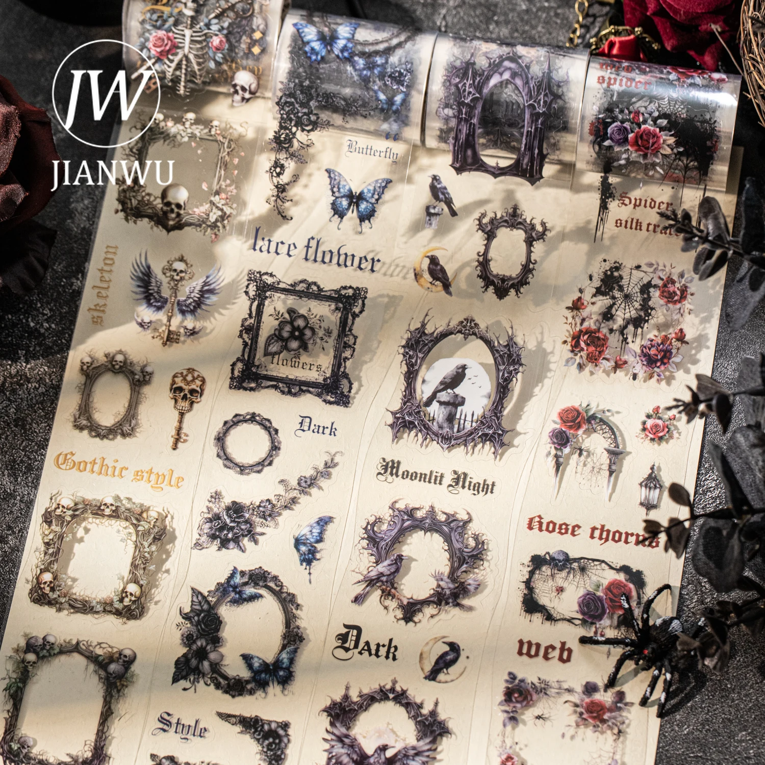 JIANWU Série Poème Nuit Ruban PET de collage vintage gothique à motif floral et dentelle, pour matériel de paysage, papeterie créative DIY pour journal