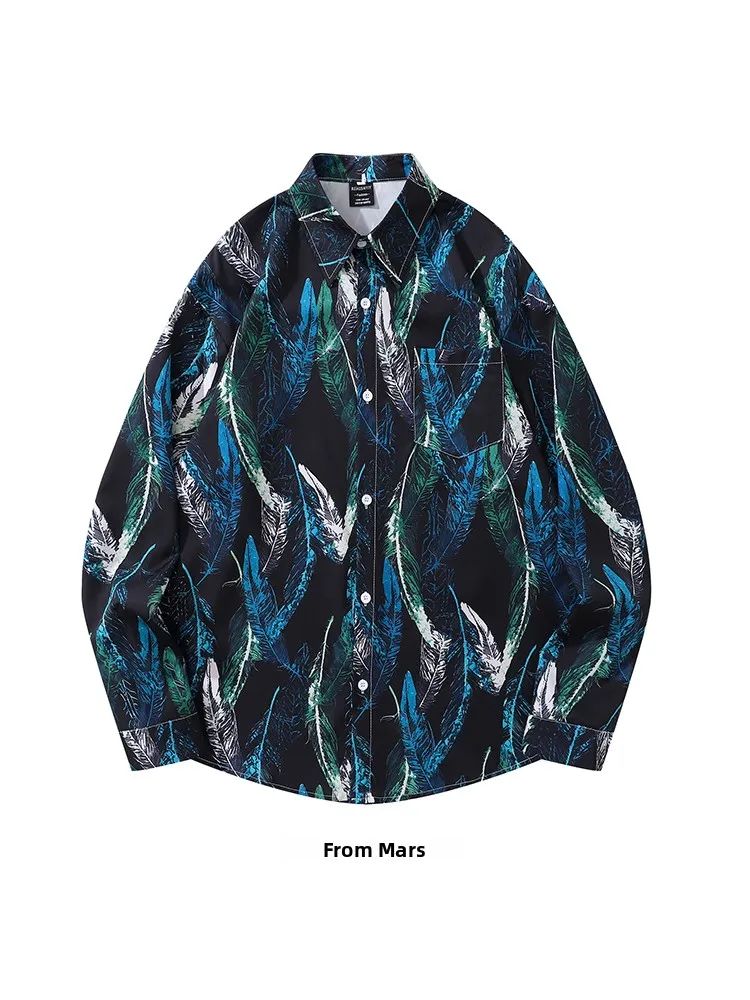 

Loose Long Sve American Retro Print irt from Gentle Feather Lazy Sle Men's Casual Faionable Autumn Spring irt