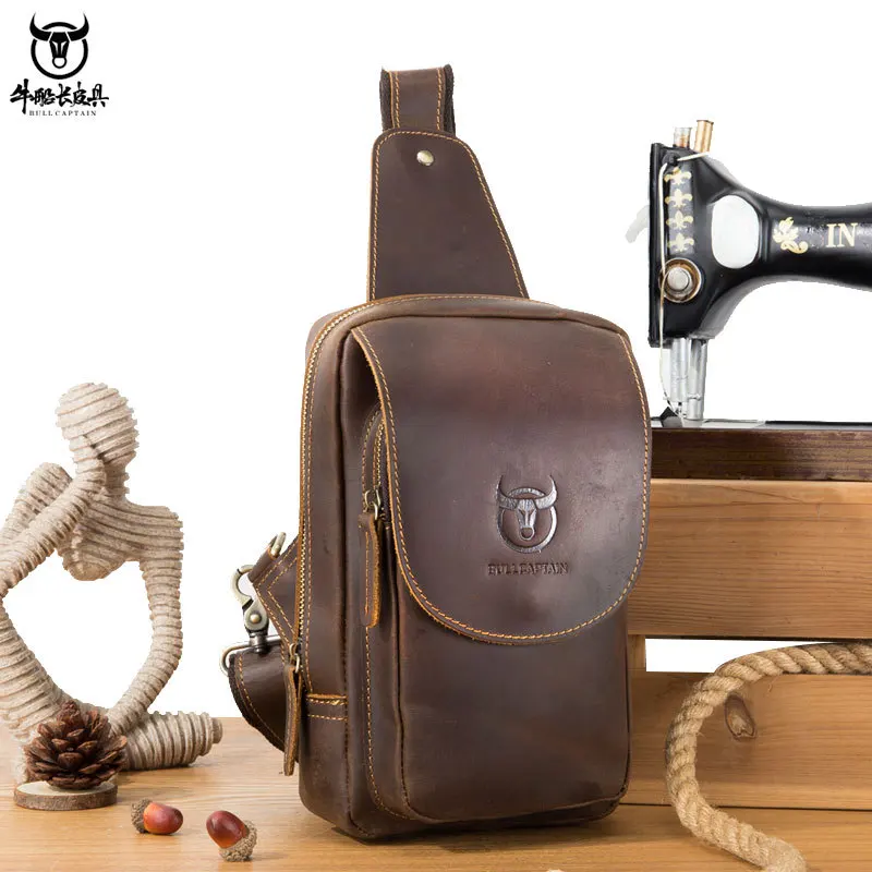 Chest bag men real leather retro crazy horse leather casual shoulder diagonal across chest bag mobile phone ipad storage