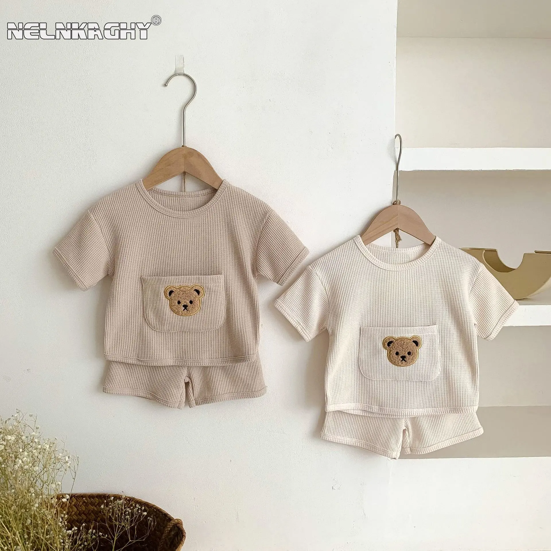 

2025 New In Summer Kids Baby Girls Boys Short Sleeve Waffle Big Pocket Bear Top T-shirts Shorts Children Toddler Clothing Set