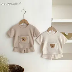 2025 New In Summer Kids Baby Girls Boys Short Sleeve Waffle Big Pocket Bear Top T-shirts Shorts Children Toddler Clothing Set