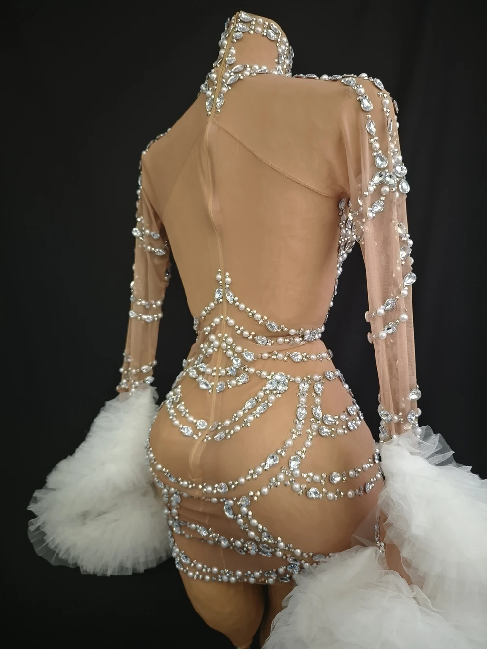 سباركلي الراين اللؤلؤ فستان قصير المرأة مثير شفافة عيد ميلاد احتفال مساء فستان المرحلة زي صورة تبادل لاطلاق النار ارتداء