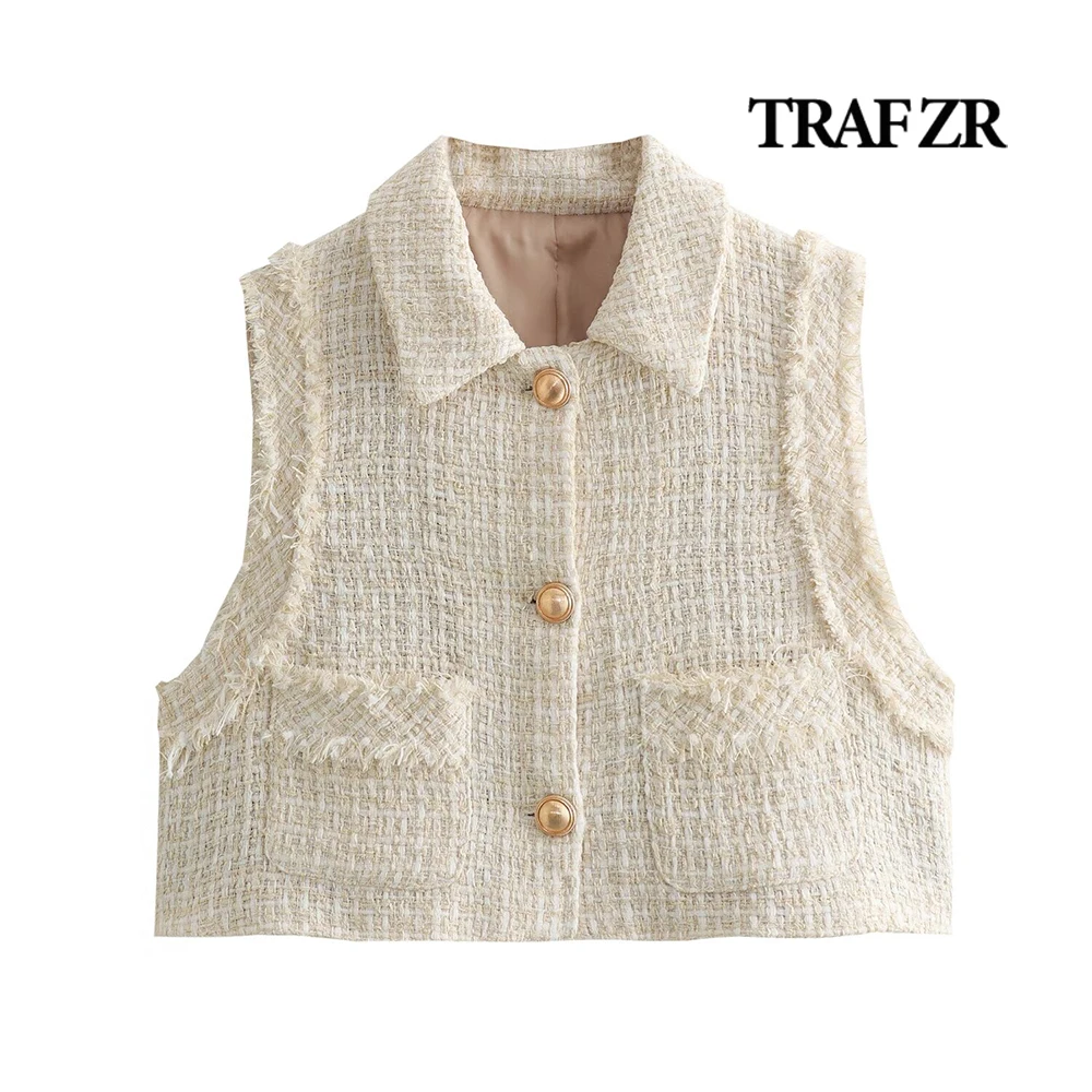 

TRAF ZR Vintage Chic Fringe Trim Women's Vest Texture Lapeled Youth Women Tops Front Patched Pocket Sleeveless Cardigan Women