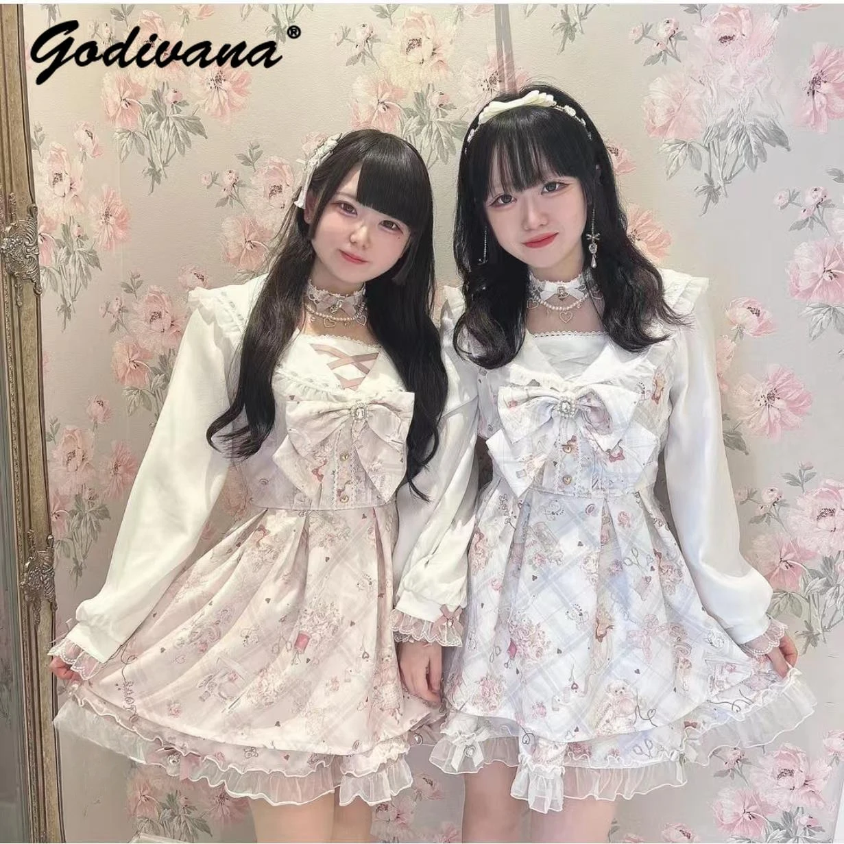 Japanese Style New Perfume Bear Flower Printed Big Bow Lolita Dress and Shorts 2 Piece Set Women\'s Sweet Sailor Collar Outfits