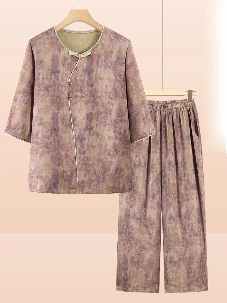 

New Chinese Sle Casual Mommy Clothes Set for ly Women Two-Piece Suit Comfortable Loose Fit round Ne ort Sve