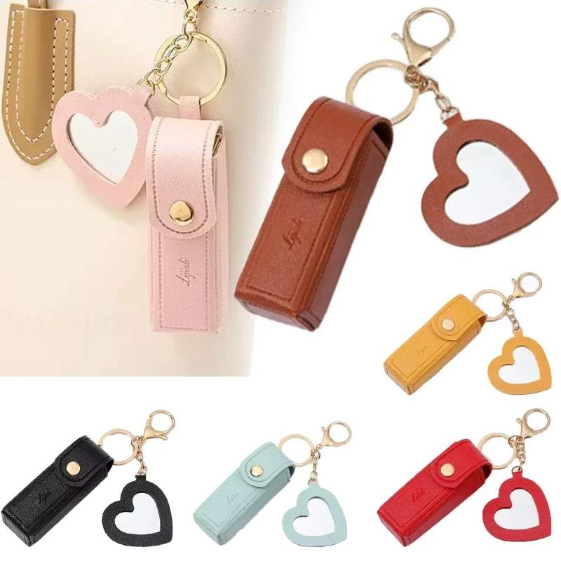 Makeup Pouch Lip Balm Bag Portable Leather Lipstick Bag Keychain Holder Lipsticks Protective Cover With Mirror Women Key Chain