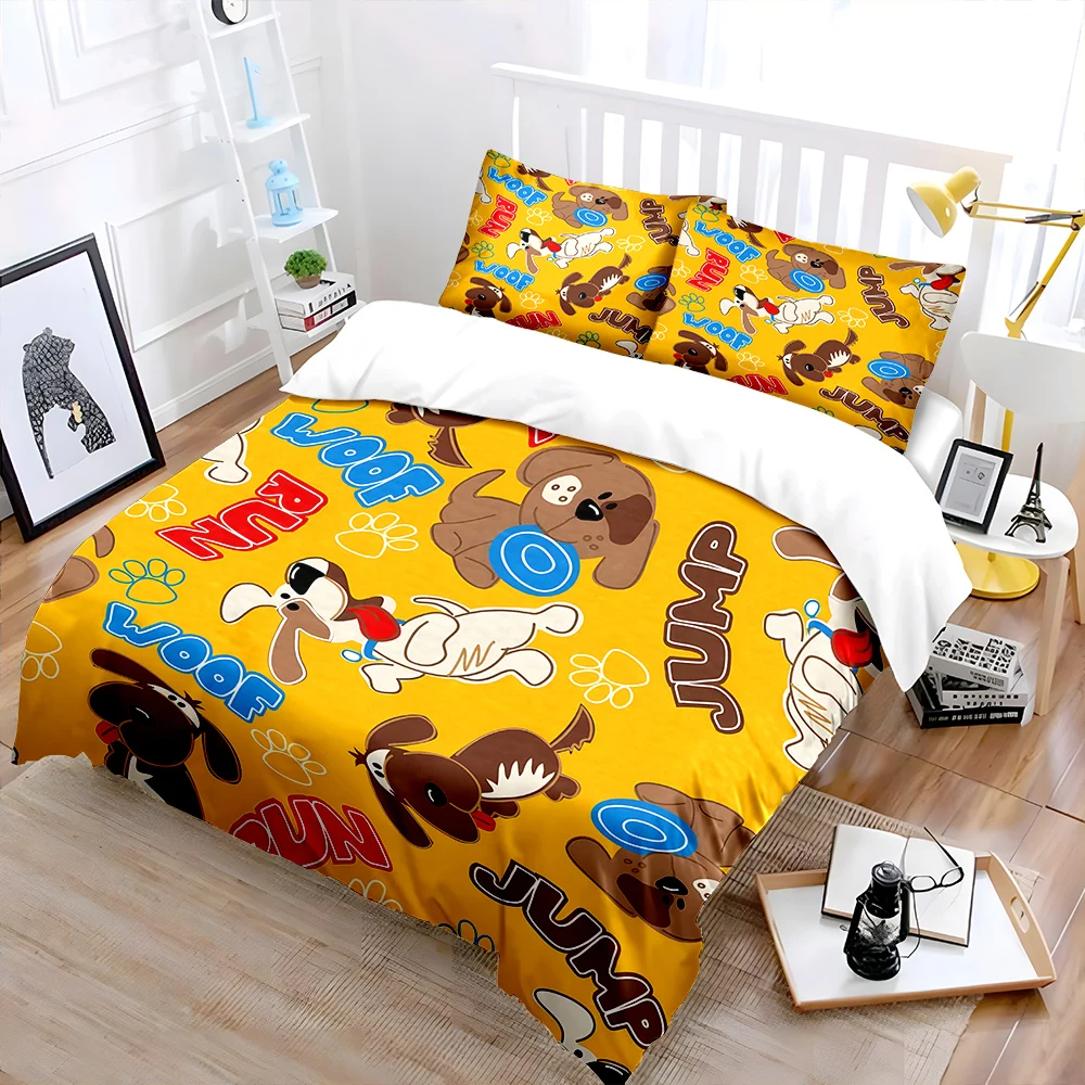 Cartoon dogs and letter Pattern Duvet Cover Set Digital Print Colorful Polyester Bedding with Zipper Closur for kids gifts