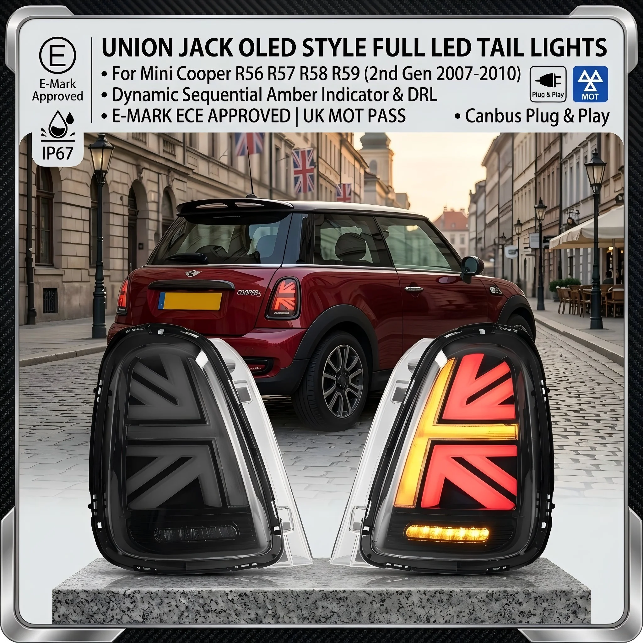 Fanali posteriori a LED completi, stile Union Jack OLED, per Mini Cooper R56 R57 R58 R59, seconda generazione, modelli 2007-2010. | Coppia di Luci Posteriori con Indicatori Sequenziali Dinamici