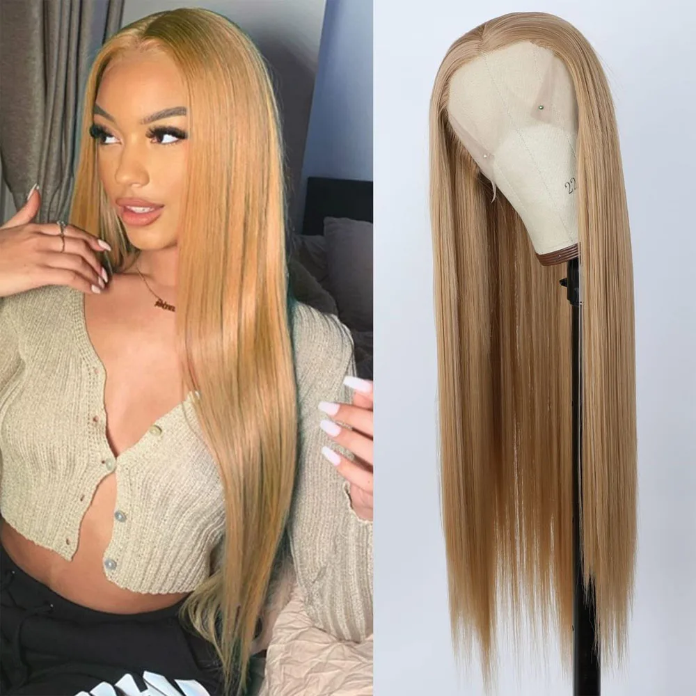 Mixed Gold Synthetic Lace Front Wig Glueless 13x4 24Inch | Pre Plucked Long Straight Ready to Wear Wigs for Women