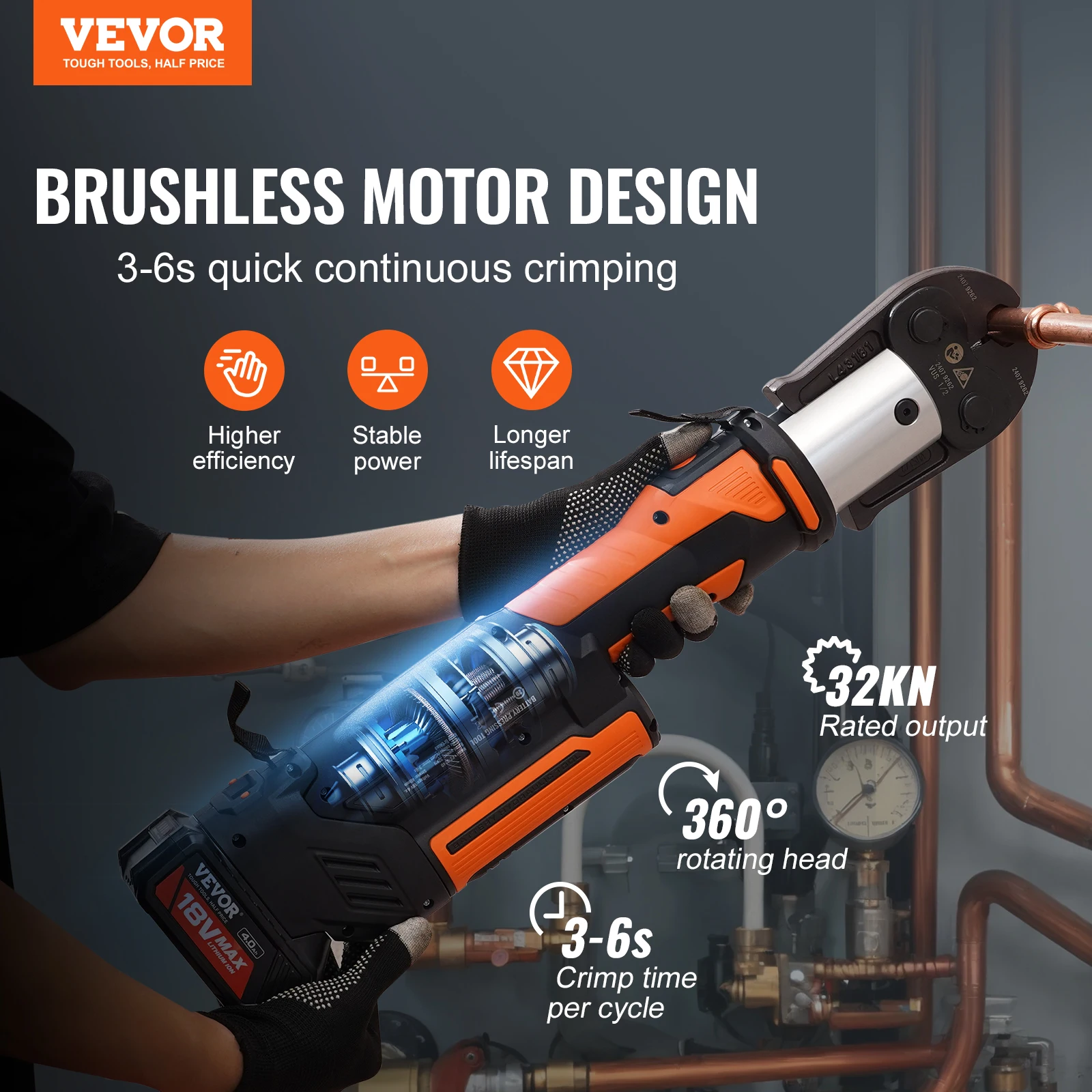 VEVOR Press Tool 18V Electric Pipe Crimping Tool for 1/2” 3/4” 1” 1-1/4