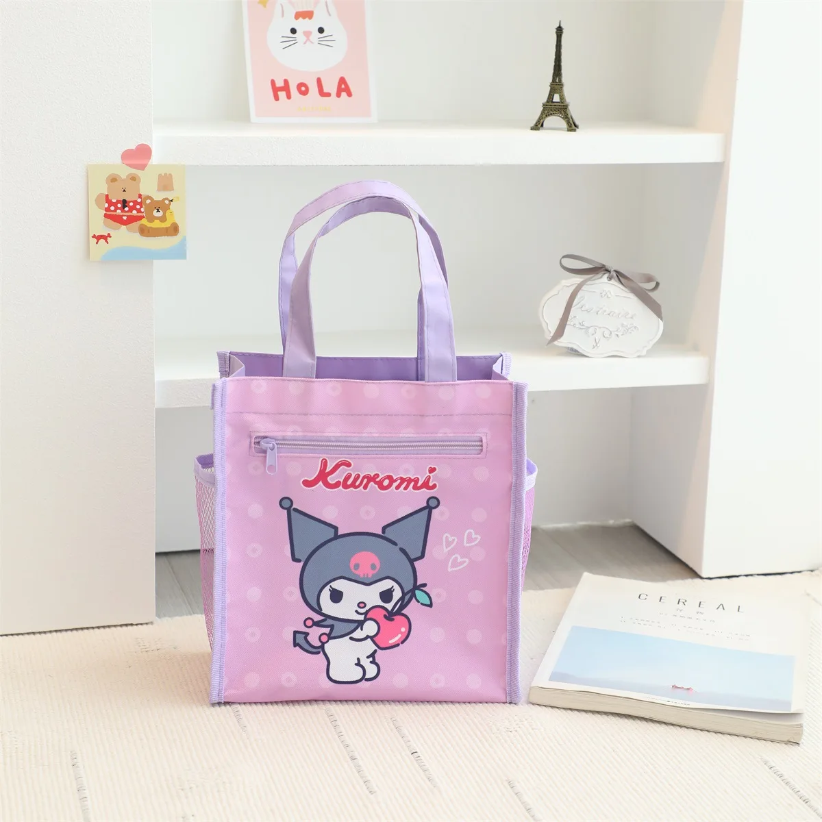 Sanrio Cinnamoroll Kuromi Mymelody Cartoon Oxford cloth Double Layer Tuition Bag Art Bag School Tote Bag Girl Learn Tote Gifts