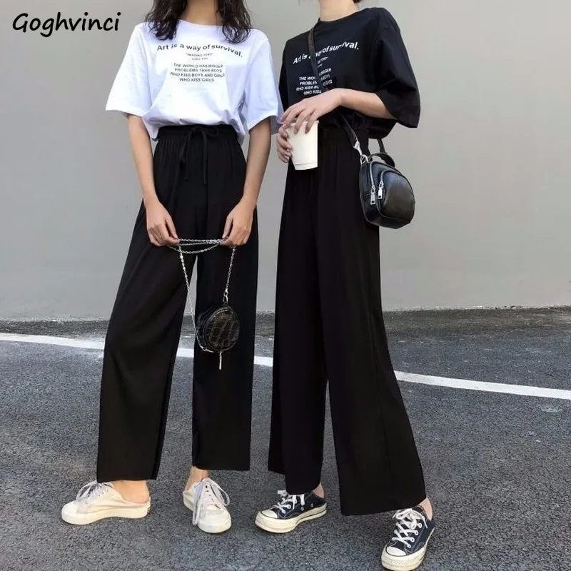 Women Sets Short Sleeve T-Shirts Printed Simple Ankle-length Drawstring Wide-leg Pants Thin Casual Loose  Ulzzang Trendy