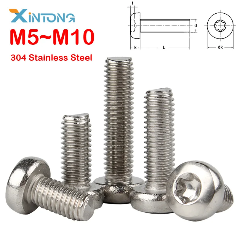 

2-10PCS M5 M6 M7 M8 M10 304 A2-70 Stainless Steel GB2672 Six-Lobe Torx Pan Head Screw Six Lobe Round Head Bolt