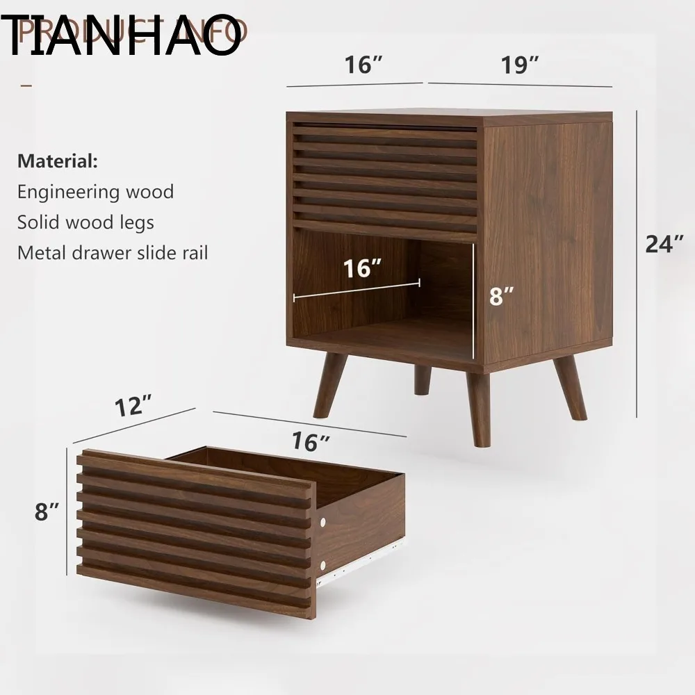 Nightstands Set of 2, Mid Century Modern Nightstand, Wood Fluted Bedside Table with Drawer Storage for Bedroom,