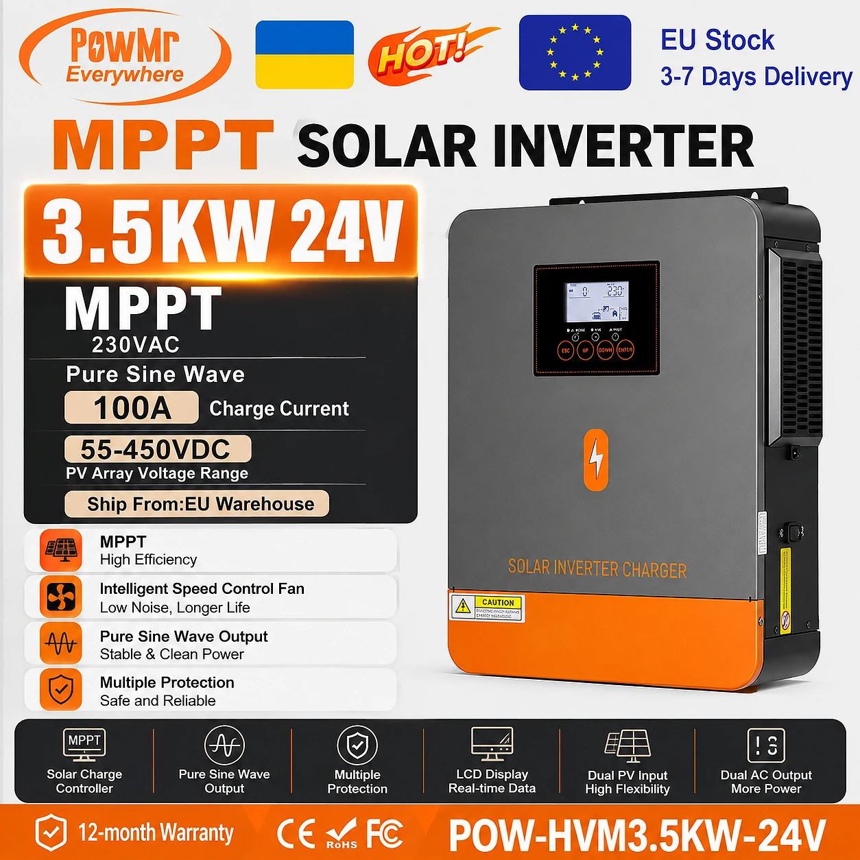 PowMr 3.5KW Hybrid Solar Inverter 24Vdc to 230Vac With Pure Sine Wave 100A MPPT Solar Controller for Max 2750W 55‑430V Input PV System Support Lead‑Acid And BMS Lithium Battery Intelligent Speed Control Fan Solar Sys