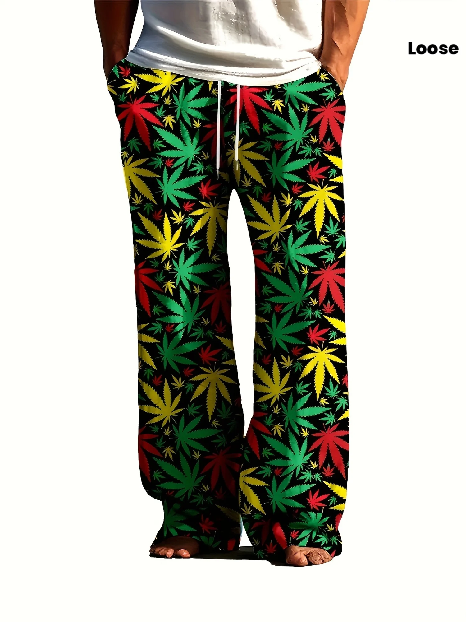 Men Rasta Reggae Colorful Leaf Print  Pants Drawstring Elastic Waist Loose Casual Long Trousers  Streetwear Beach Vacation Wear