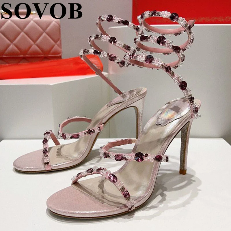 Ladies' Sparkling Crystal Gladiator Ankle Strap Sandals Real Leather Narrowband High Heels Summer Female Sexy Party Dress Shoes