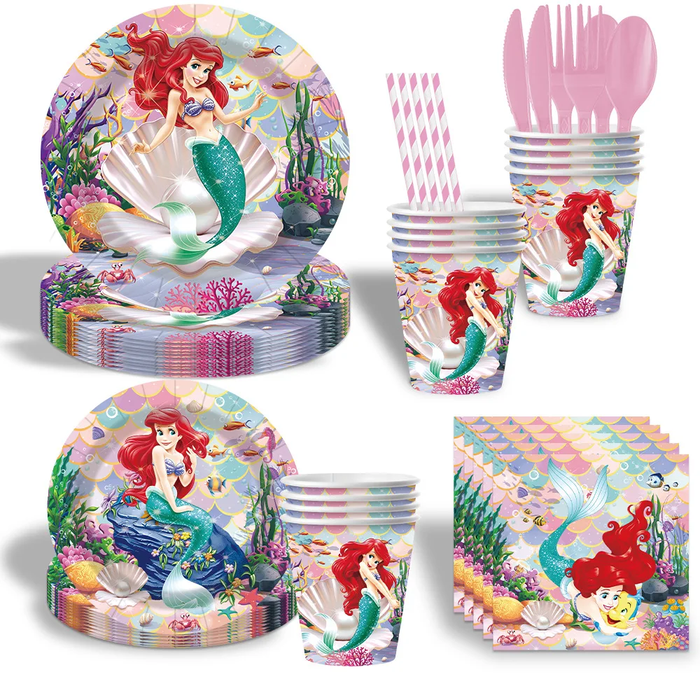 Décoration de fête d'anniversaire pour filles, princesse sirène, vaisselle jetable, assiette en papier, tasse, ballon pour réception-cadeau pour bébé, nouvelle collection