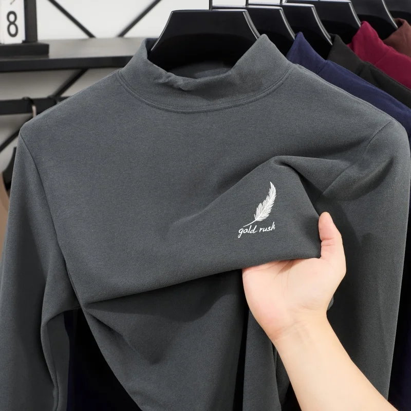 2026 New Men Casual Solid Color Feather Embroidery High Neck Velvet Long Sleeve Tshirt Spring and Autumn Versatile Comfort Top