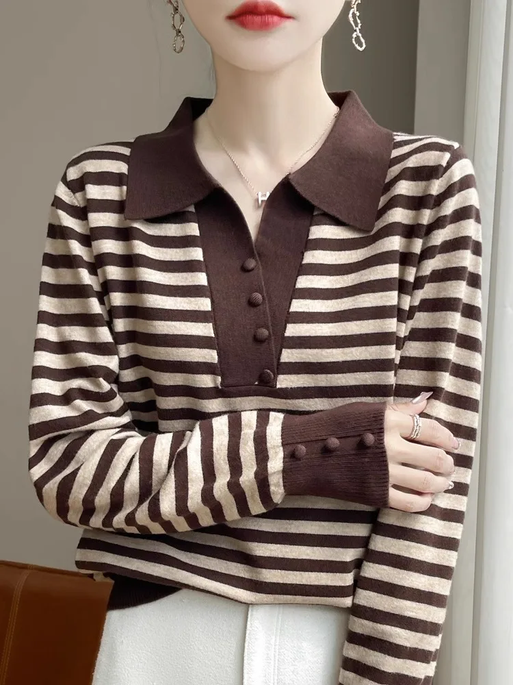 Sweater rajutan wanita lengan panjang longgar motif garis kerah tinggi, model baru musim gugur, luaran, atasan, kaos, lapisan dasar musim semi