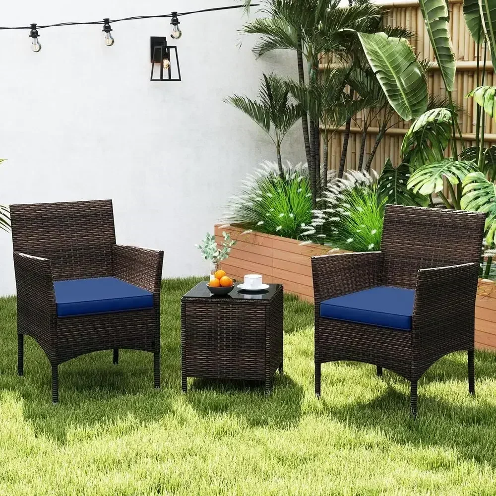 Navy Blue Outdoor Wicker Bistro Set with Cushions and Glass Top Table for Patio, Porch, or Balcony