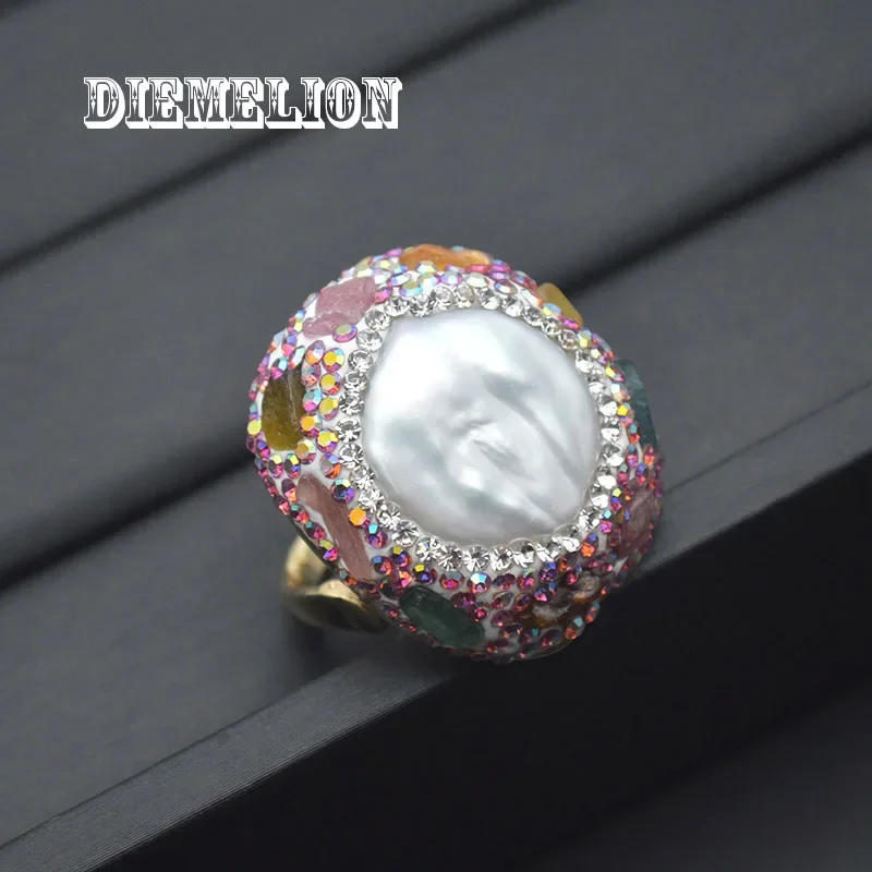 Exquisite Natural Baroque Button Pearl Rings for Women Full Pave Rhinestone with Amethyst/Tourmaline Resizable Large Ring