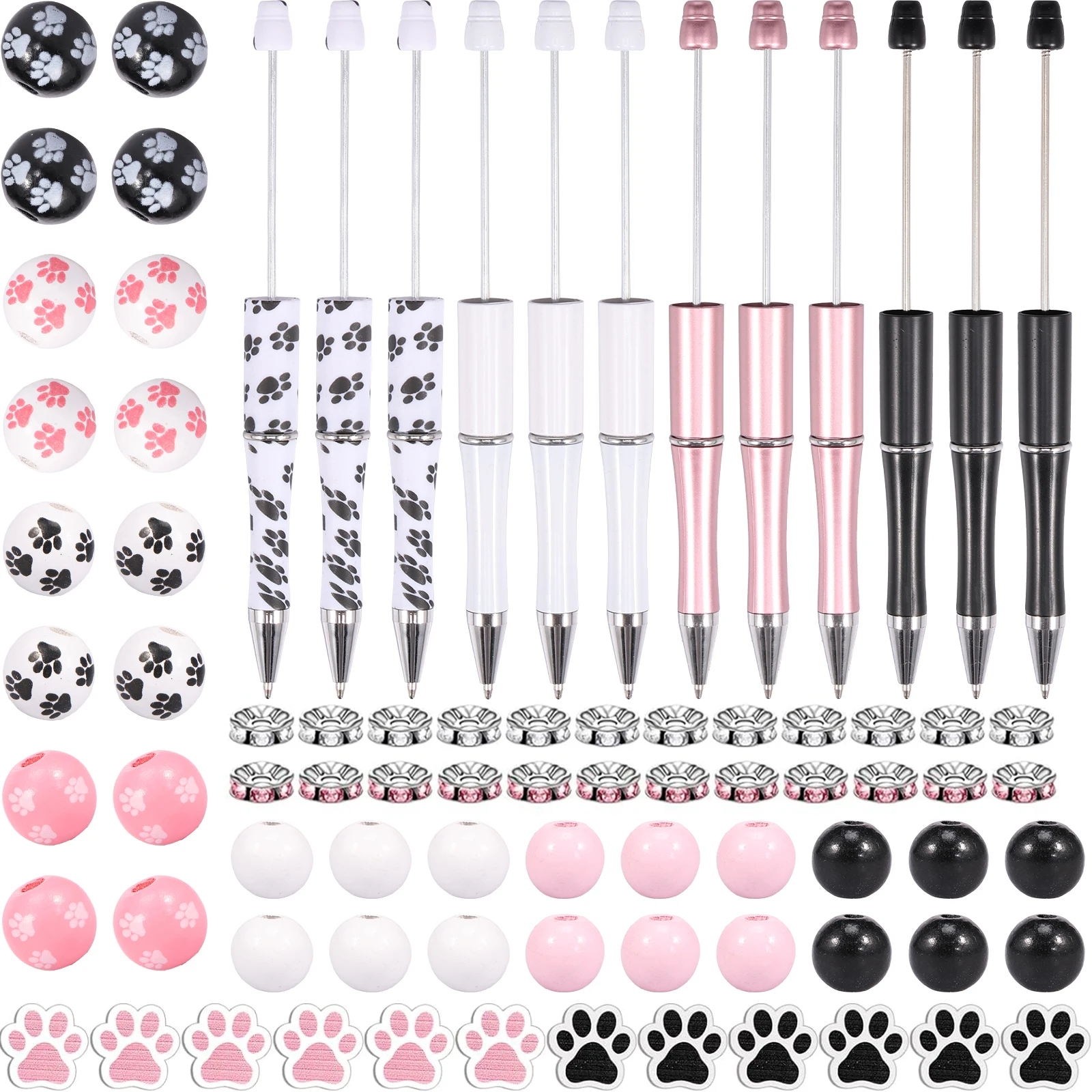 12Pcs Beadable Pen Set Assorted Plastic Bead Pens with Wooden Beads and Spacer Beads 14cm DIY Black Ink Ballpoint Pen Dog Paw