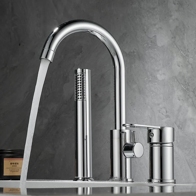 Bathroom Bathtub Shower Faucet with Swivel Tub Spout and Handhold Shower Brass Wall Mounted Hot Cold Water Mixer Bath Tap