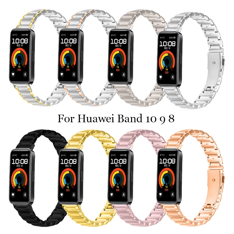 

For Huawei Band 10 Stainless Steel Watchband Women Men Three-Beads Metal Strap for Huawei band 9 band 8 10 Wristband