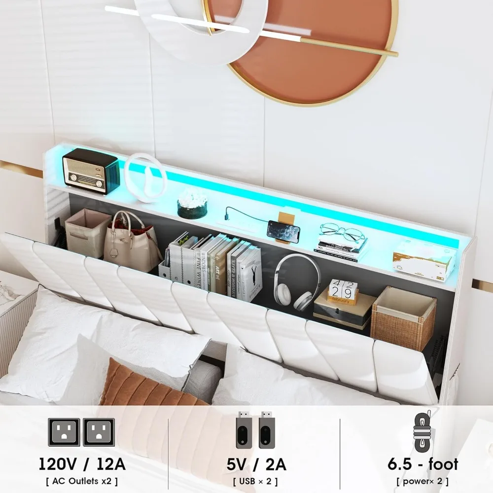 Full Size Bed Frame with Storage Headboard and 3 Drawers,Upholstered Platform Bed with Charging Station image 6