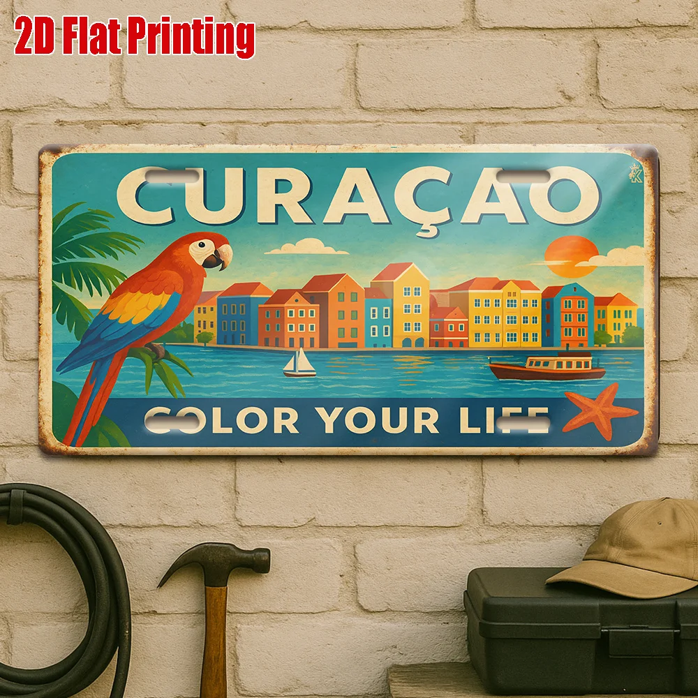 1pc Curacao Caribbean Island License Plate - Heavy-Duty Metal Suitable for, Motorcycles, Outdoor Garden & Wall Decor - Tropical