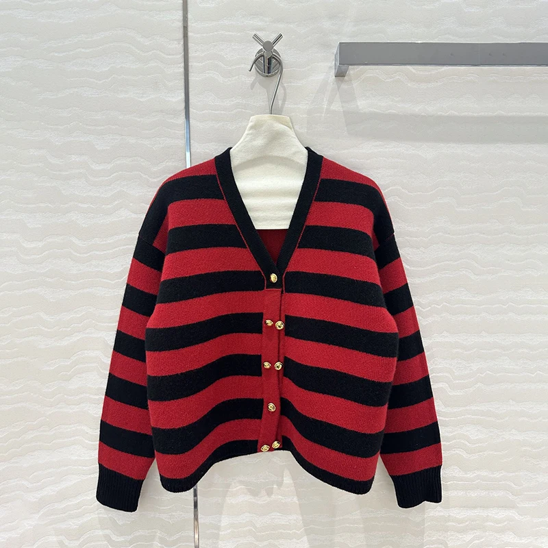 Top 2024AW Vintage Striped Metal Button Cashmere Knit Cardigan Woman's Red V-Neck Loose Sweater Luxury Brands Women's Clothing