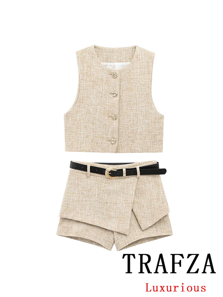 

TRAFZA Vintage Chic Women Texture Suit O-Neck Sleeveless Single Breasted Vest Sashes Shorts Skirts New Fashion 2025 Summer Sets