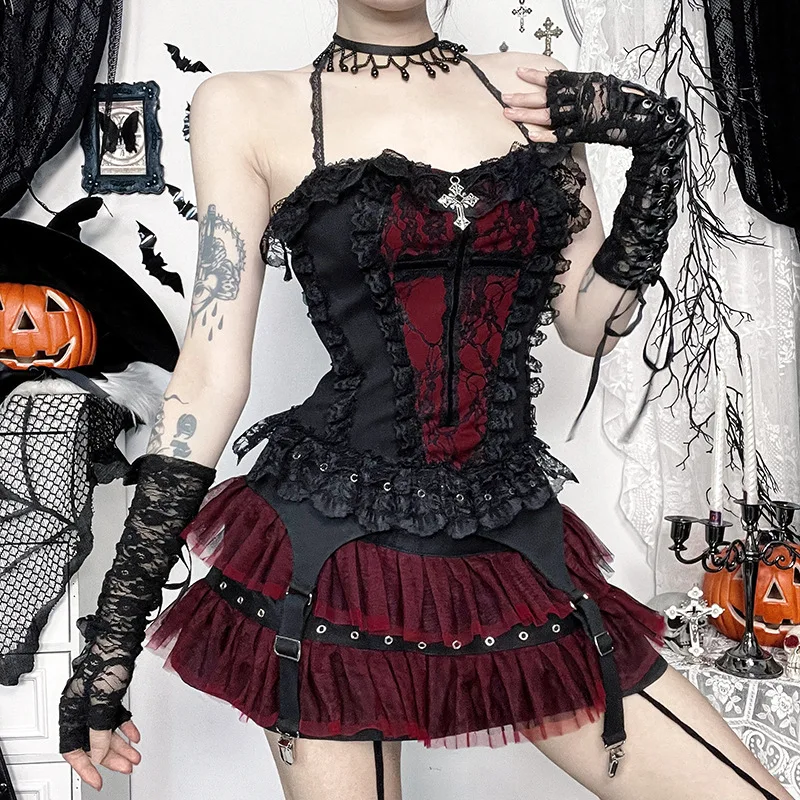 

Halloween Day of The Dead Costume Cosplay Witch Hottie Sexy Tank Top Skirt Set Gothic Theme Party Role Playing Female