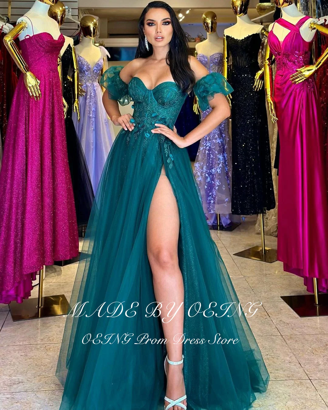 OEING Glitter Dark Green Prom Dress Sexy Off The Shoulder 3D Appliques Party Dresses Formal Evening Gown Vestidos De Fiesta