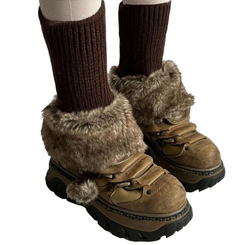 Furry Plush Leg Warmers Ribbed Knit Patchwork Footless Socks Gaiters for Women