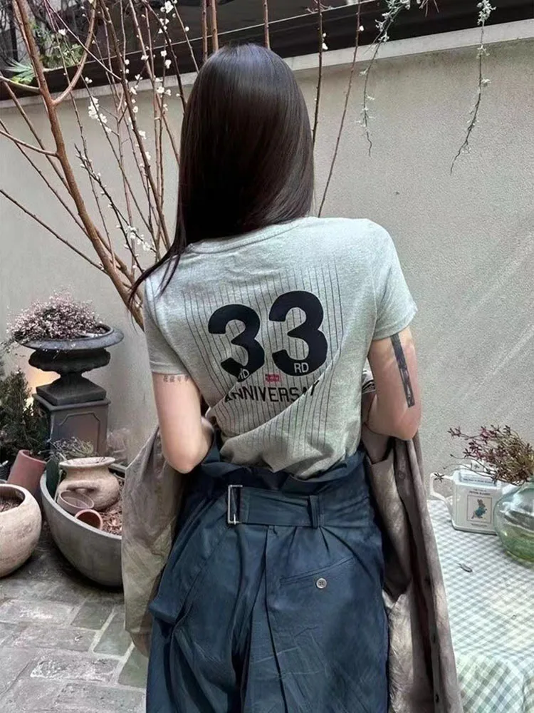 

Casual Cotton Letter Striped Print Crop T Shirts Women's Korean Fashion O-neck Short Sleeve Slim Tops Summer Y2k Streetwear Tees