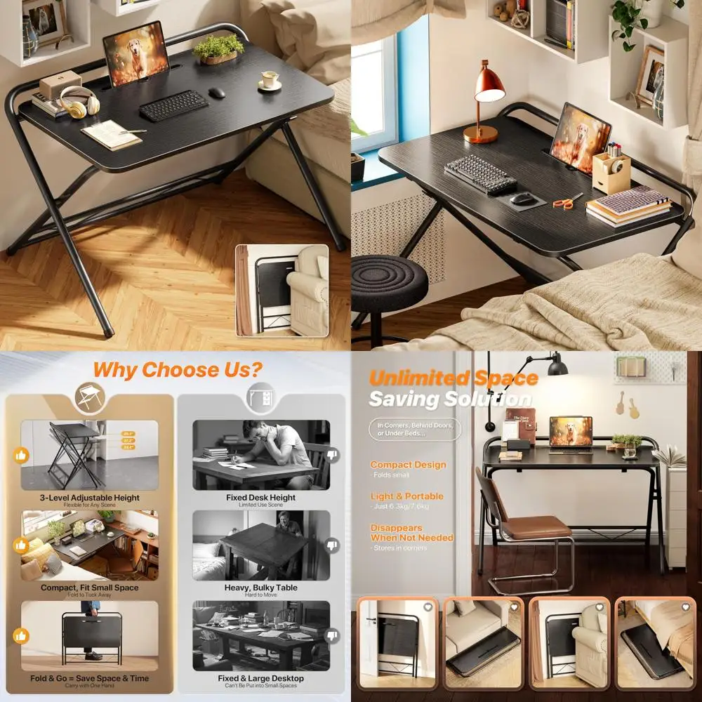 

Adjustable Height Folding Desk with Tablet Slot, 32 Inch Compact Computer Desk for Small Spaces