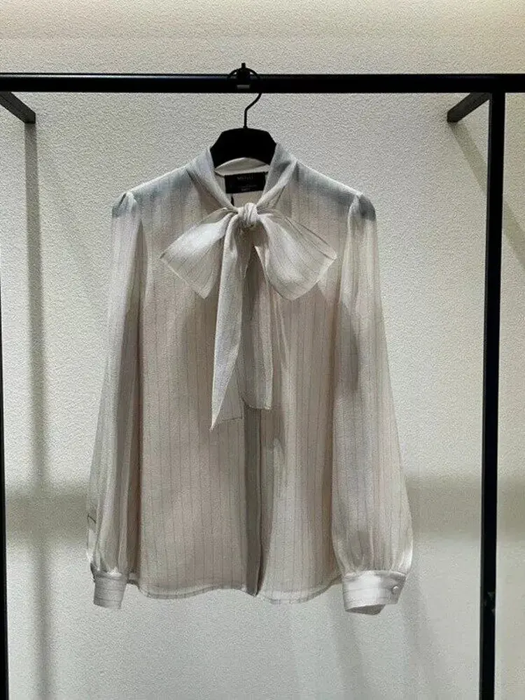 

Elegant Knowledgeable Pure Original MICOAT Silk Stripe Shirt for Women Spring Knot Long Sleeve Breathable Comfortable