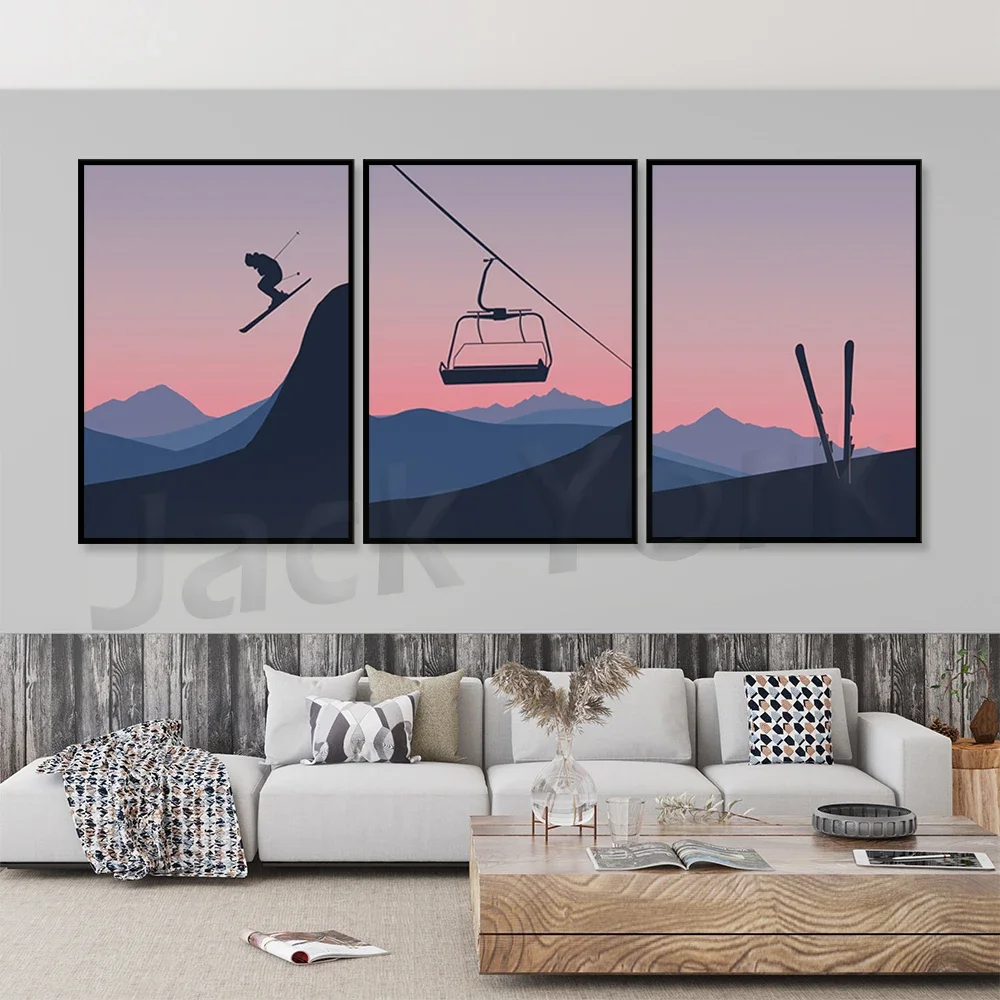 Skiing Print -Ski Lifts Wall Art Print  - Winter Skiing Mountains Sunset Poster