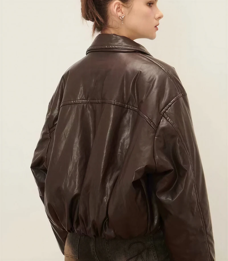 เสื้อพาร์กาส์ผู้หญิง สไตล์ไบค์เกอร์ ผ้าลินินเนื้อแมท สำหรับฤดูใบไม้ร่วง กระดุมแถวเดียว ลายสก็อตแบบกด จับจีบ ทรงบาน แต่งแผงด้านข้าง ดีไซน์เรียบง่าย ทันสมัย นุ่มนวล