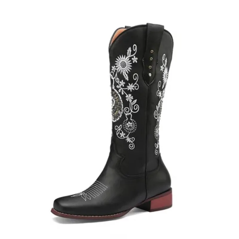 Flower Embroidery Ethnic Bohemian Style Square Chunky Med Heels Mid-calf Cowboy Shoes Women Winter Wide Calves Cowgirl Boots
