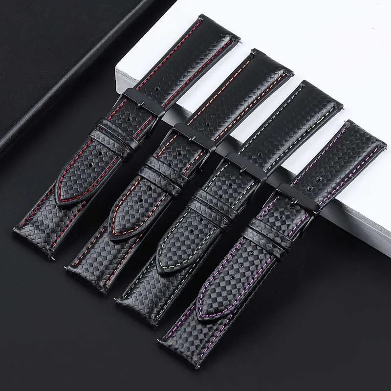 Carbon Fiber Pattern Leather Watch Strap for Samsung Gear S3 S2 Classic Galaxy Active Watch Band 20mm 22mm Quick Release Strap