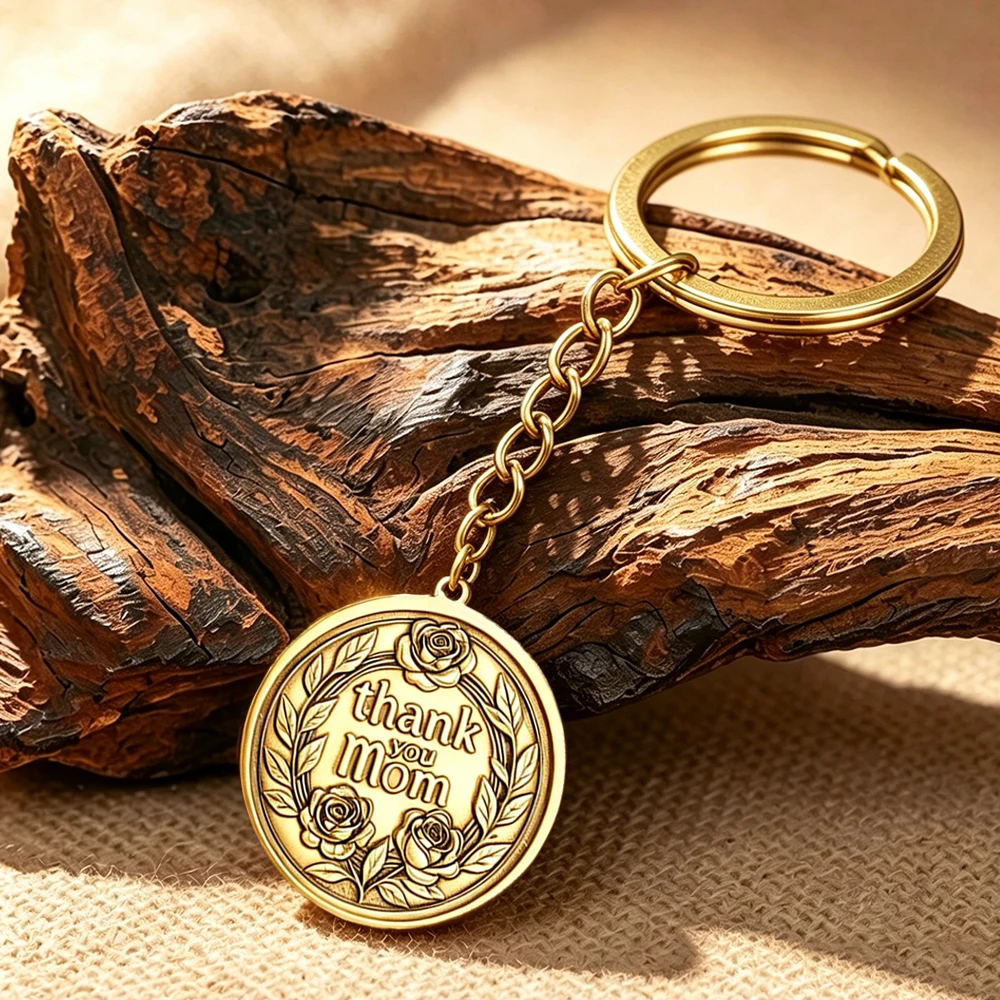Thank You Mom Keychain Brass Embossed Vintage Rose Wreath Pendant Key Ring Stainless Steel Key Chain Mother's Day Gift for Mom